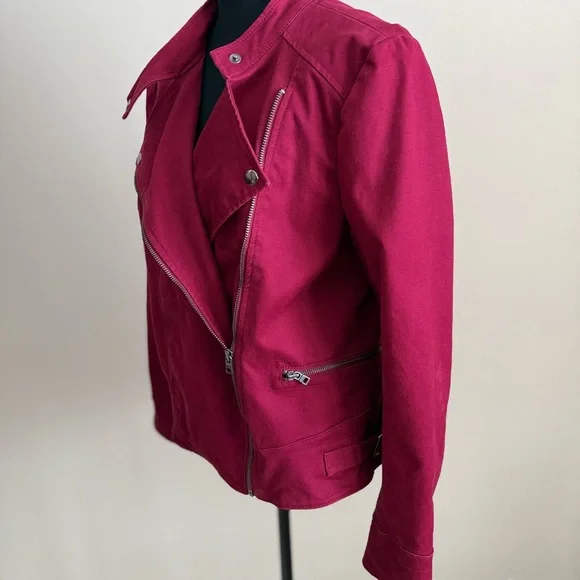 Banana Republic Moto Jacket Women M Red Wine Cotton Biker Zip Jacket Spring - Picture 3 of 7
